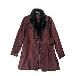 Diane Gilman DG2 Red Denim Trench Faux Fur Collar Coat M Vintage Button Jacket